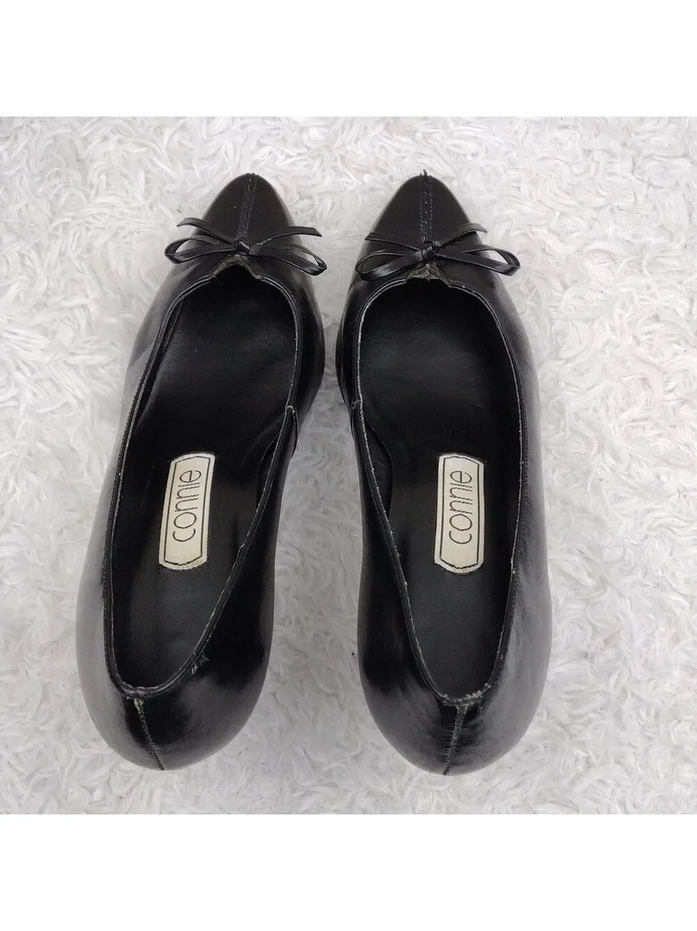 Connie Celia Black Leather Faux Bow Upper Pointed-Toe Kitten Heel Slip On Shoe